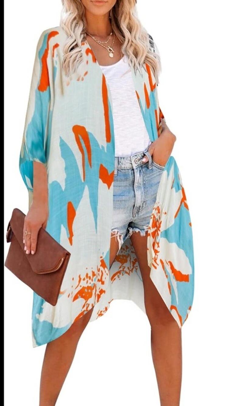 Breezy Lane Womens Kimono Cardigan Blue/ivory/orange One Size Viscose Beach Covr